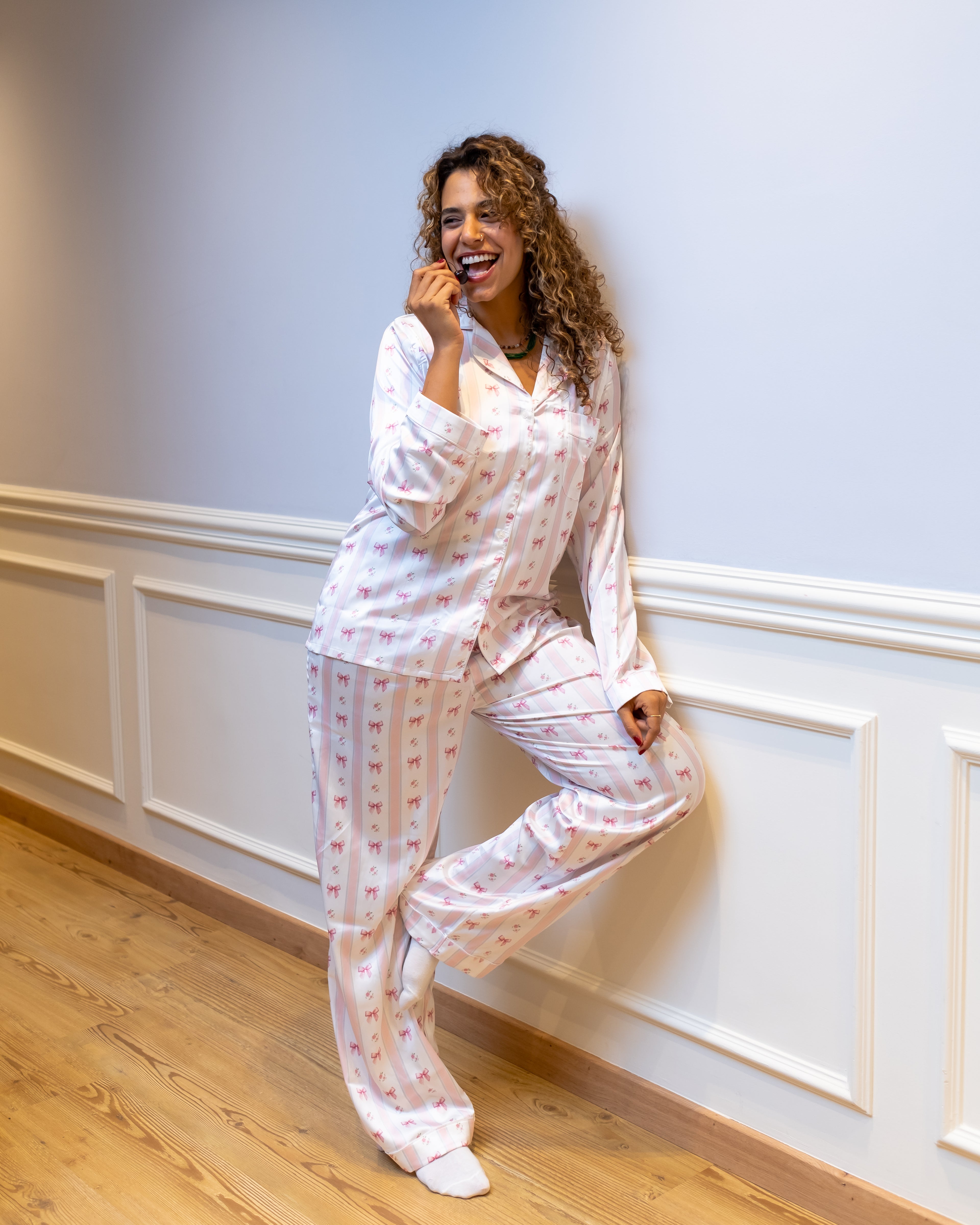 Pink Bow Dream – Satin Pajama Set